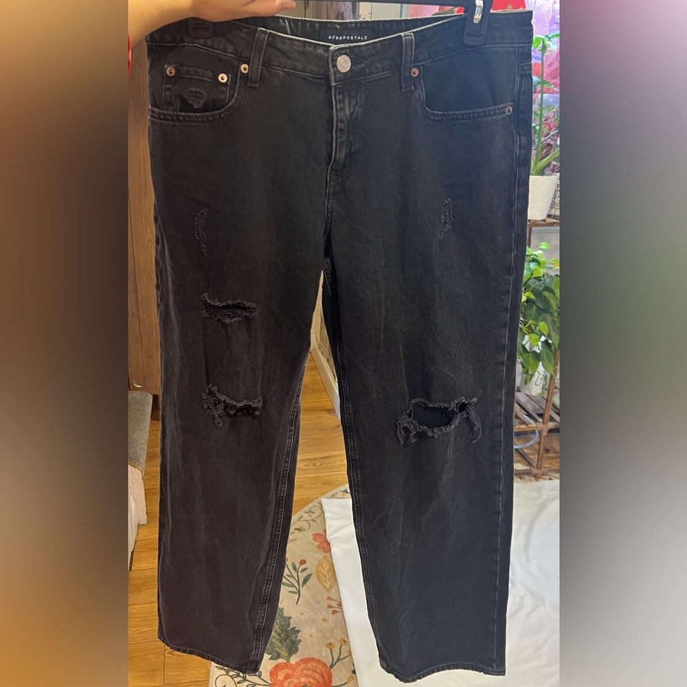 Aeropostale Low Rise Baggy Ripped Black Jeans Size 12